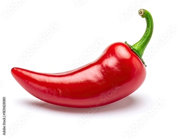 Fototapeta A vibrant, glossy red chili pepper with a curved green stem isolated on a white background.