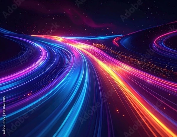 Fototapeta Vibrant neon light trails streak across a dark, futuristic highway or data stream in motion.