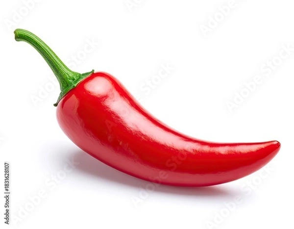 Fototapeta A single, vibrant red chili pepper with a curved stem rests against a clean white background.