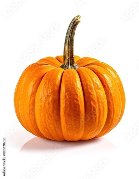 Fototapeta A vibrant orange pumpkin with a distinct dark green stem isolated on a white background.