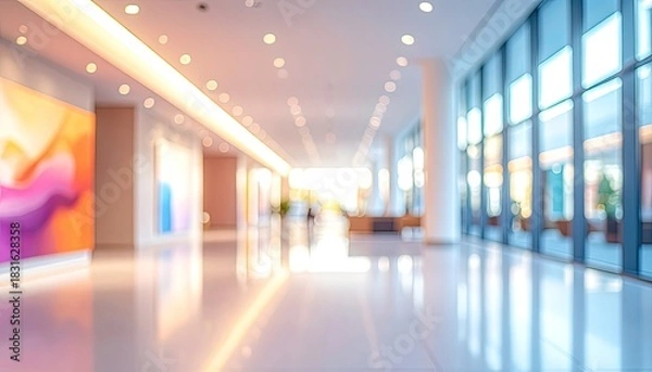 Fototapeta A bright, modern, and abstract blurred hallway interior with large windows and reflective flooring.