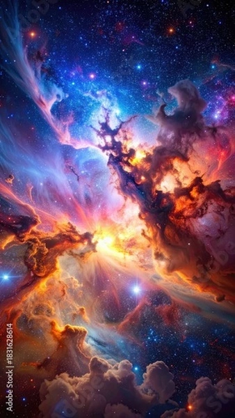 Fototapeta A vibrant, explosive cosmic nebula dominates the starry deep space.