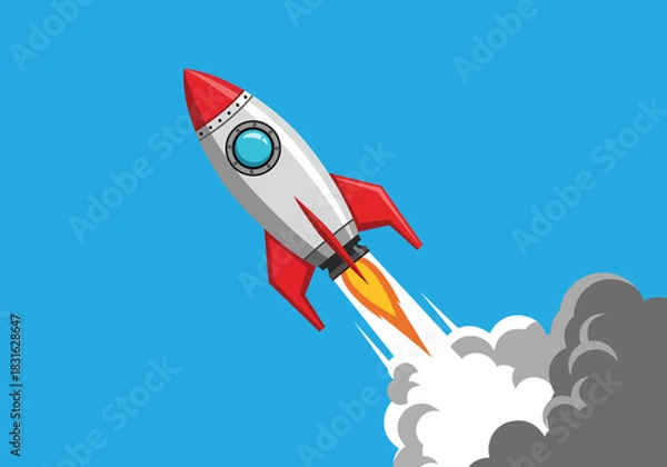 Obraz Red and silver rocket launching with orange flames and white smoke against blue sky spaceship space