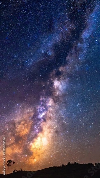 Fototapeta A breathtaking vertical night sky photograph capturing the vibrant core of the Milky Way galaxy above a dark terrestrial silhouette.