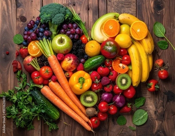 Fototapeta A vibrant heart shape composed entirely of fresh, colorful fruits and vegetables on a dark wooden background.
