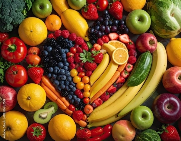 Fototapeta A vibrant heart shape composed entirely of assorted fresh fruits and vegetables.