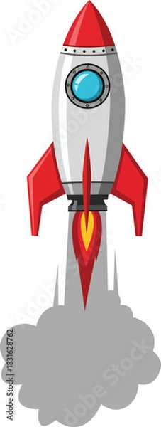 Obraz Red and white rocket ship with blue window blasting off with fire and smoke spaceship space