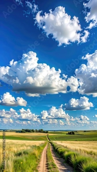 Fototapeta A vivid rural landscape featuring a dirt path winding through golden and green fields under a dramatic blue sky filled with white cumulus clouds.