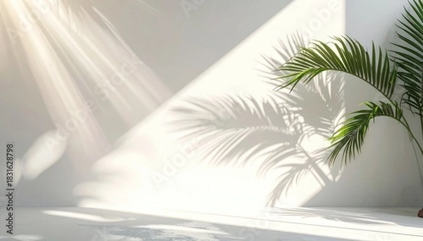 Fototapeta Bright sunlight streams across a white textured wall, casting dramatic palm leaf shadows next to a vibrant green houseplant.