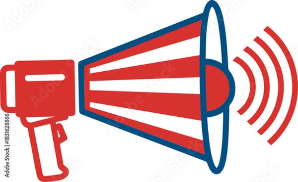 Obraz Red and white striped megaphone with sound waves bullhorn announcement