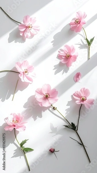 Fototapeta Delicate pink anemone flowers artfully arranged on a bright white surface with strong directional shadows.