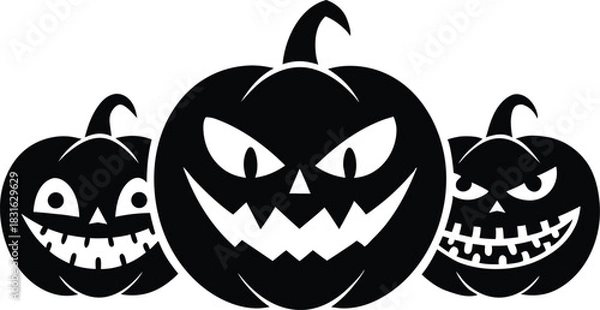 Obraz Three black Halloween jack o lanterns with carved faces pumpkin