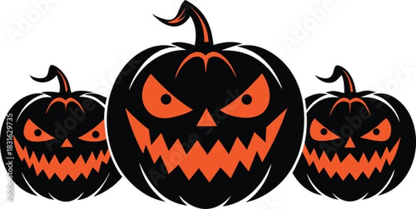 Obraz Three black jack o lanterns with orange carved faces and stems halloween pumpkin