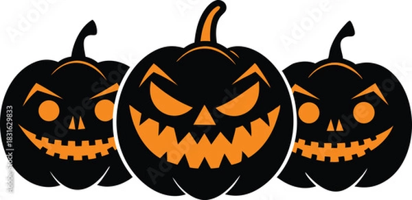 Obraz Three black jack o lanterns with orange carved faces and stems halloween pumpkin