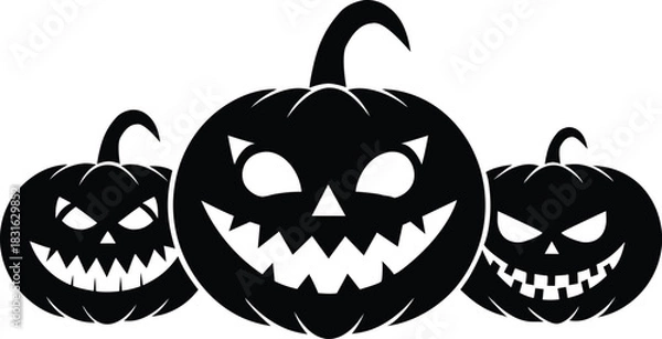 Obraz Three black jack o lanterns with carved spooky faces and stems halloween pumpkin