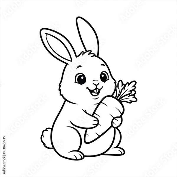 Fototapeta A Happy rabbit holding a carrot black line art, white background