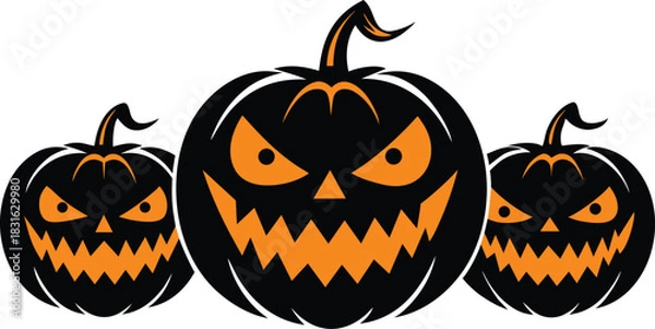 Obraz Three black jack o lanterns with orange carved faces and stems halloween pumpkin