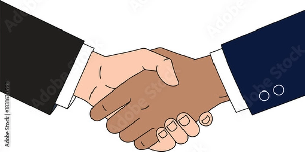Obraz Two hands shaking one light skin one dark skin in business suits handshake shaking hands