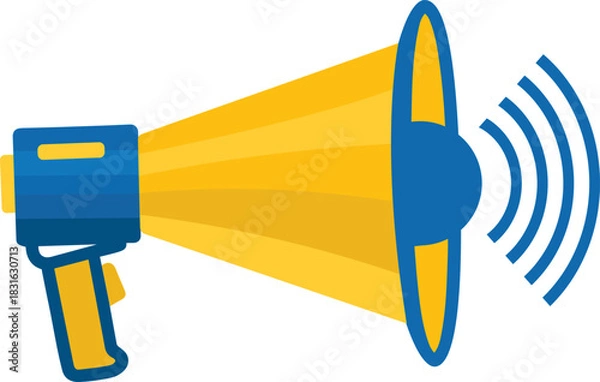Obraz Yellow and blue megaphone with sound waves graphic bullhorn loudspeaker