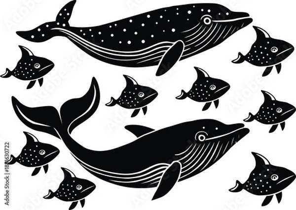 Obraz Two Whales and Small Fish Silhouettes Black and White Pattern ocean marine life