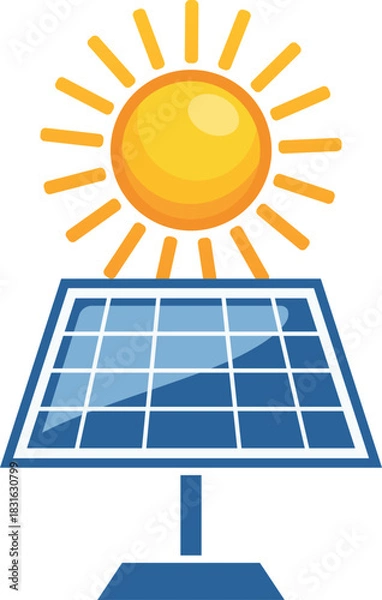 Obraz Yellow sun shining on a blue solar panel energy vector art design isolated on a white background