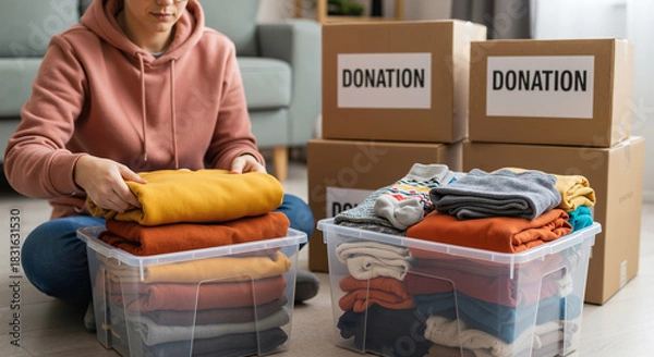 Fototapeta A woman sorting clothes and packing them into plastic bins and cardboard boxes for donation.