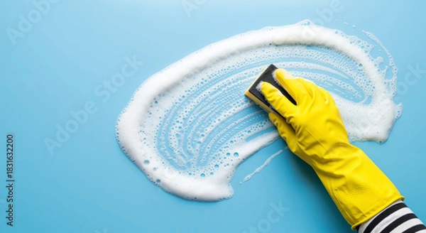Fototapeta Hand in a yellow glove cleaning a blue surface with a sponge and soapy foam.