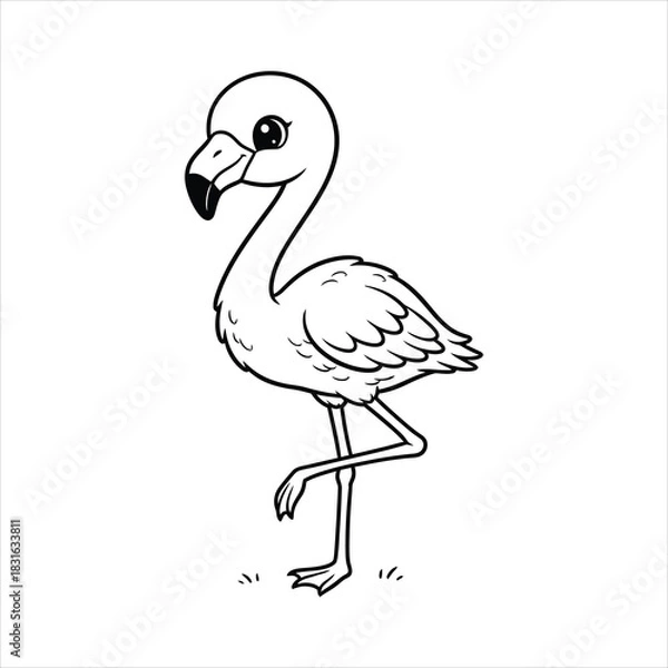 Fototapeta A Little flamingo standing on one leg black line art, white background