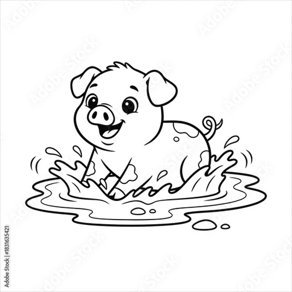 Fototapeta A Little pig playing in the mud black line art, white background
