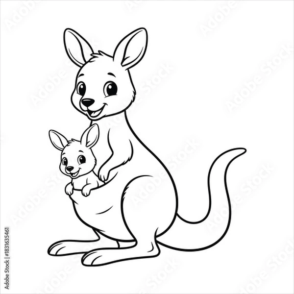 Fototapeta A Little kangaroo joey peeking from pouch black line art, white background