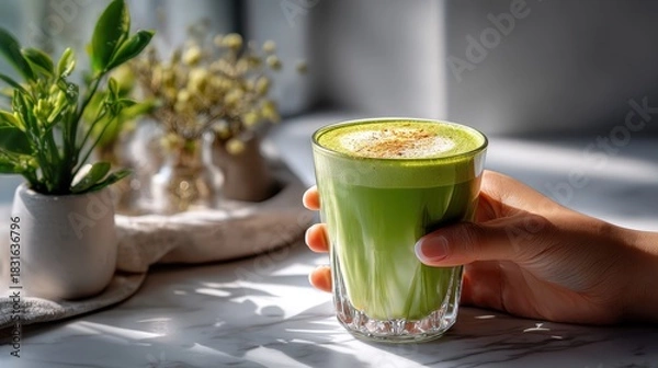 Obraz Hand holding pistachio latte in bright cafe setting