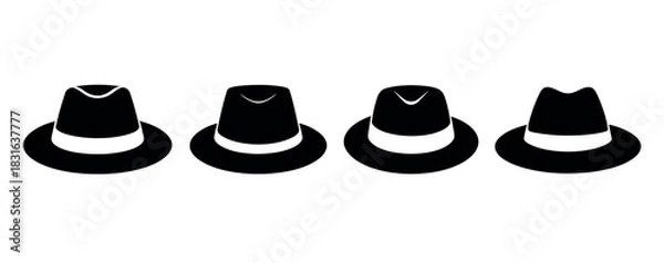 Obraz Four black fedora hats are lined up in a row against a white background.