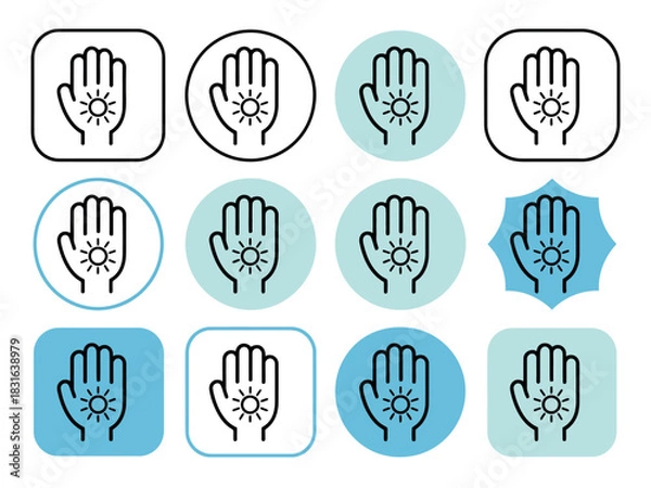 Obraz A collection of icons depicting a hand with a sun symbol inside.