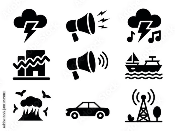 Obraz Icons representing various sources of sound and noise pollution.