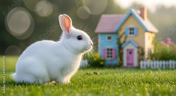 Obraz White Rabbit by Colorful Miniature House in Garden