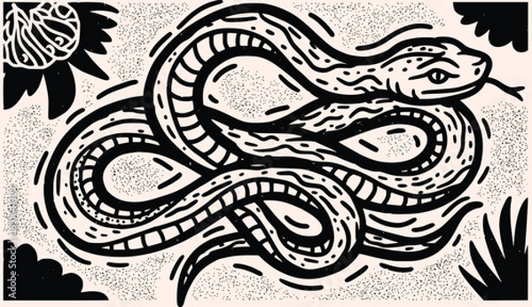 Obraz Black & White Snake Illustration—Intricate Monochrome Tattoo Flash for Merch, Blogs & Design Bundles