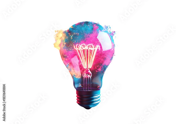 Fototapeta Glowing Light Bulb with Pink and Teal Nebula Splatter Effect incandescent filament isolated on a transparent background
