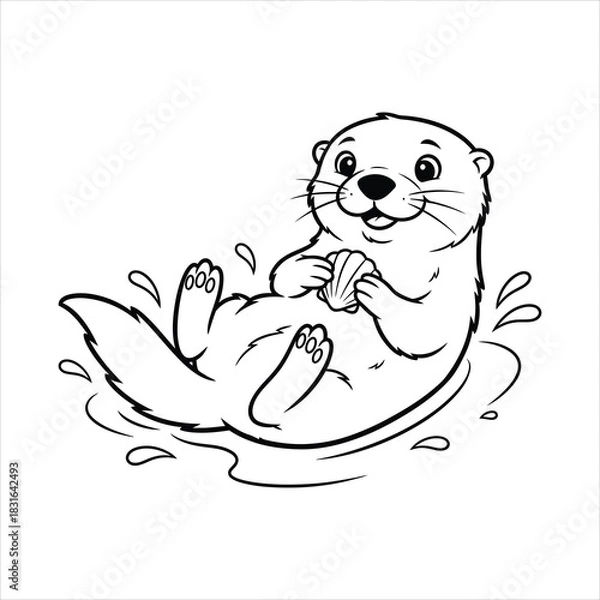 Fototapeta A Playful otter floating with a shell black line art, white background