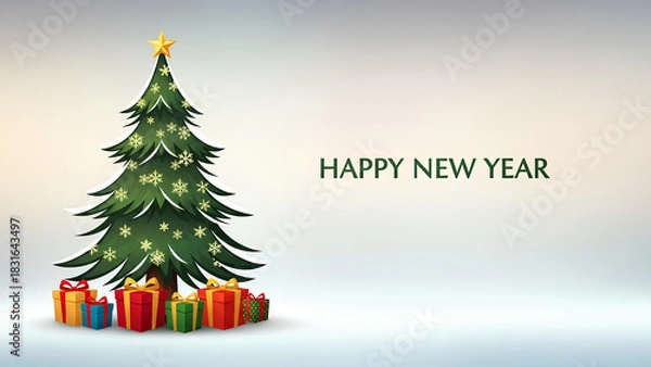 Fototapeta Green Christmas tree on a light background with empty space for text, minimalist holiday banner suitable for festive design, greeting cards, and seasonal advertising.