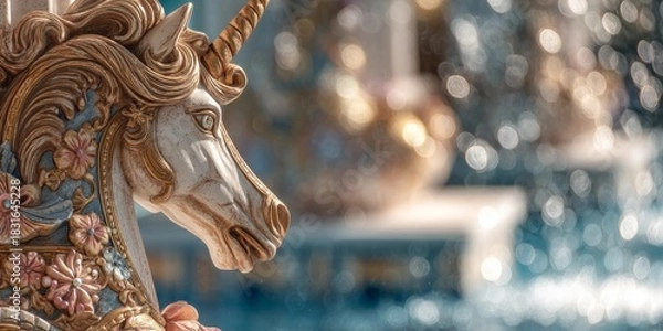 Fototapeta Close-up of ornate unicorn carousel with floral decorations
