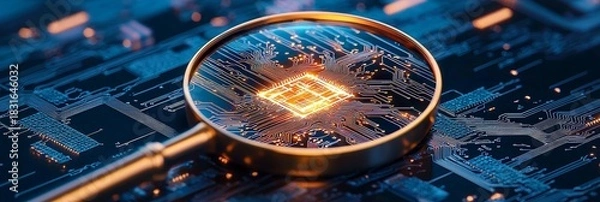 Fototapeta magnifying glass focus microscope concept Close-up of a circuit board under a magnifying glass.