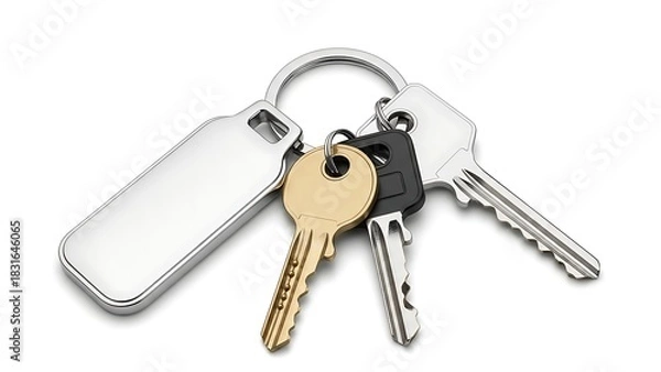 Fototapeta Close-up of a key ring with keys, a small gold key, and a silver USB drive