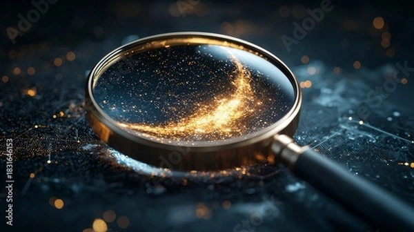Fototapeta magnifying glass focus microscope concept Magnifying glass reflecting shimmering particles on a dark surface.