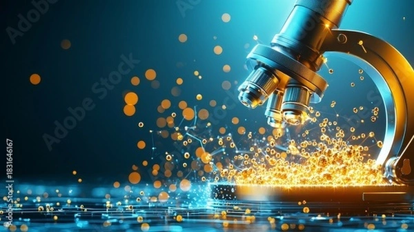 Fototapeta magnifying glass focus microscope concept Microscope with glowing particles on a blue background.