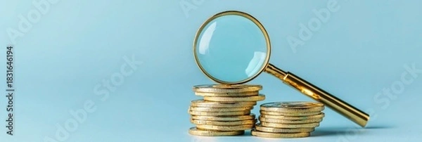 Fototapeta magnifying glass focus microscope concept Magnifying glass over a stack of coins on a blue background.