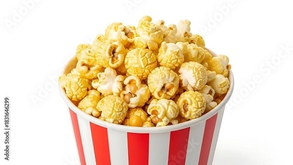 Fototapeta Delicious, buttery popcorn overflowing from a classic red and white striped bucket, ready to enjoy