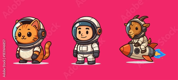 Fototapeta Cute Space Explorers Characters, Human, Cat, Goat on astronaut suit icon logo flat vector design