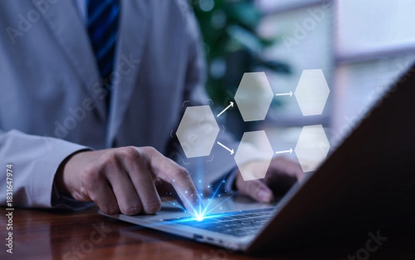 Fototapeta Businessman planning work, office concept hierarchical workflow process, flowchart layout, business information technology project