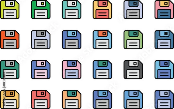 Fototapeta Collection of colorful floppy disk icons in a grid
