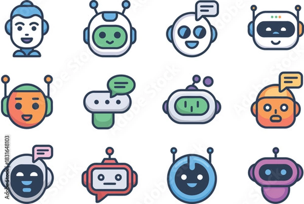 Fototapeta Collection of friendly robot and AI bot icons